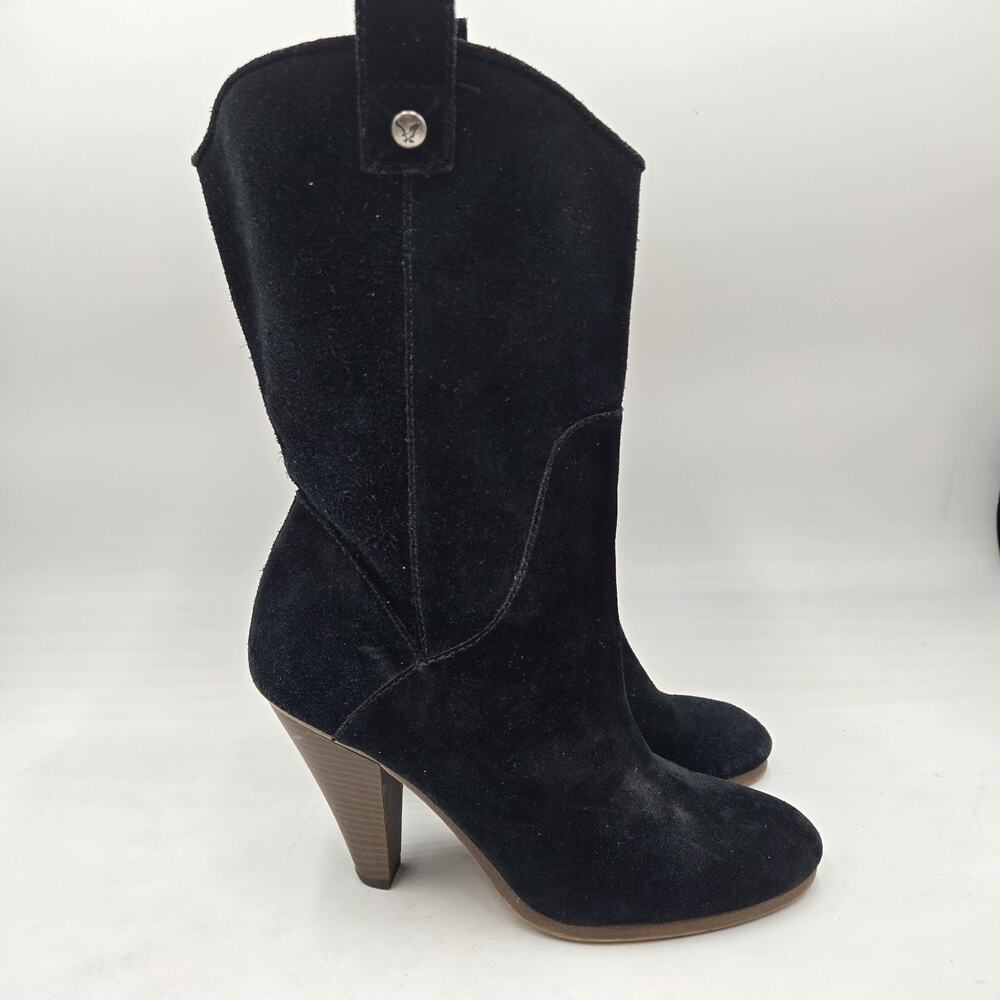 American Eagle Black Suede Western Boots Women's Size 9.5 Mid Calf High Heels
